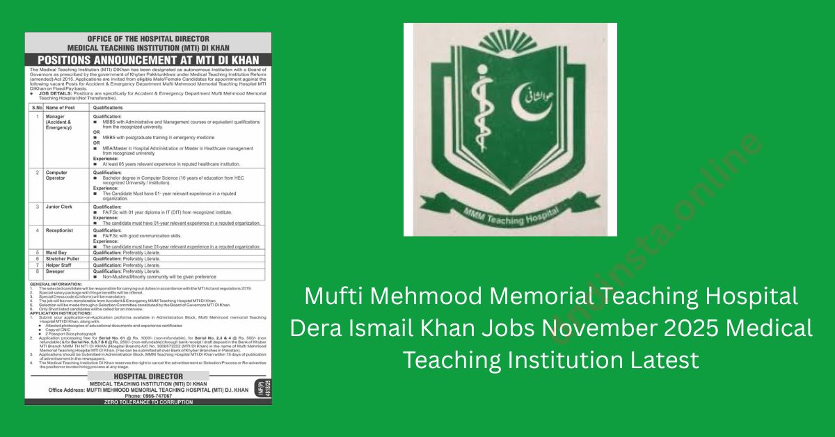 Mufti Mehmood Memorial Teaching Hospital Dera Ismail Khan Jobs November 2025 –Medical Teaching Institution Latest