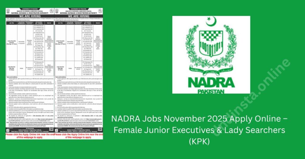 NADRA Jobs November 2025 Apply Online – Female Junior Executives & Lady Searchers (KPK)