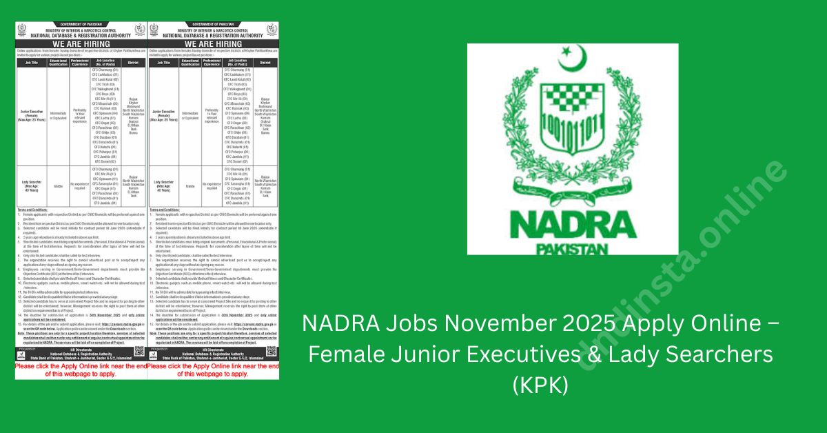 NADRA Jobs November 2025 Apply Online – Female Junior Executives & Lady Searchers (KPK)